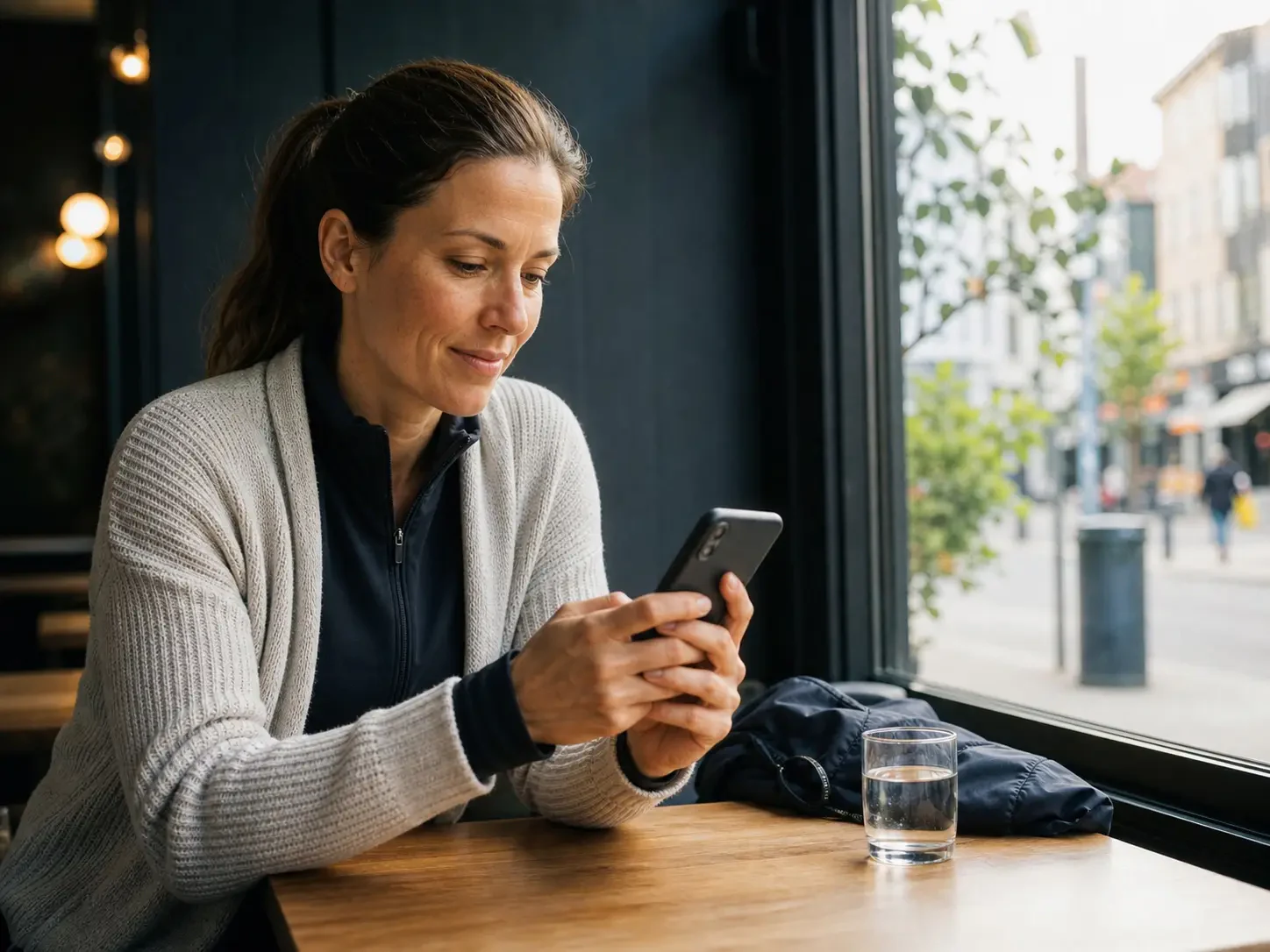 Runner reviewing training progress on a phone in a café