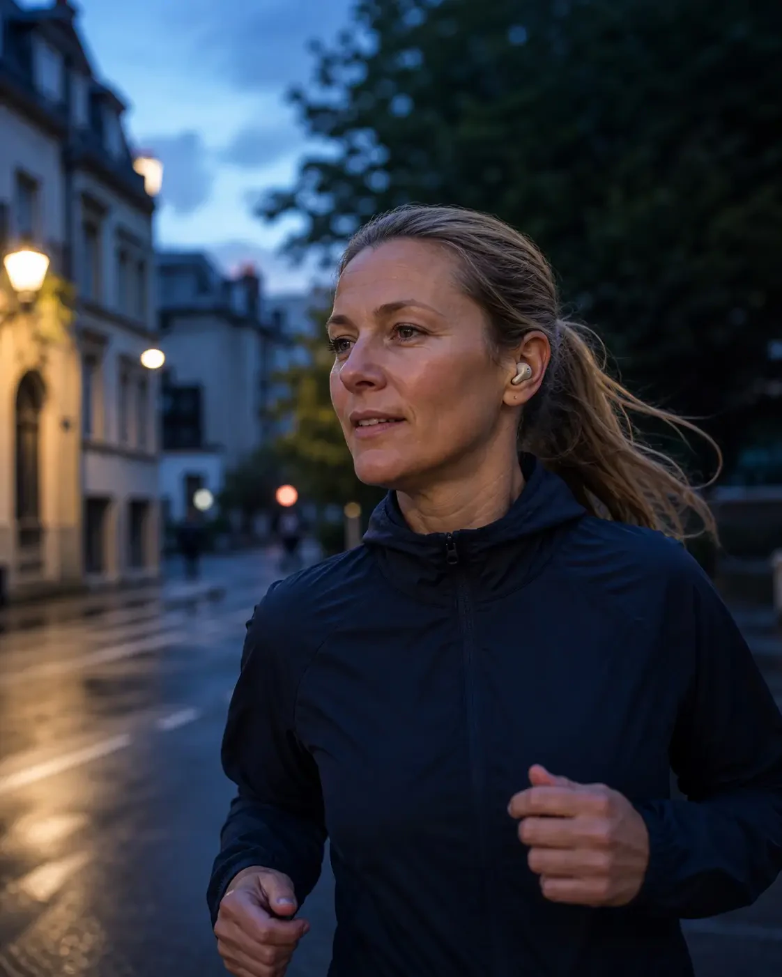 Runner wearing earbuds on an evening run