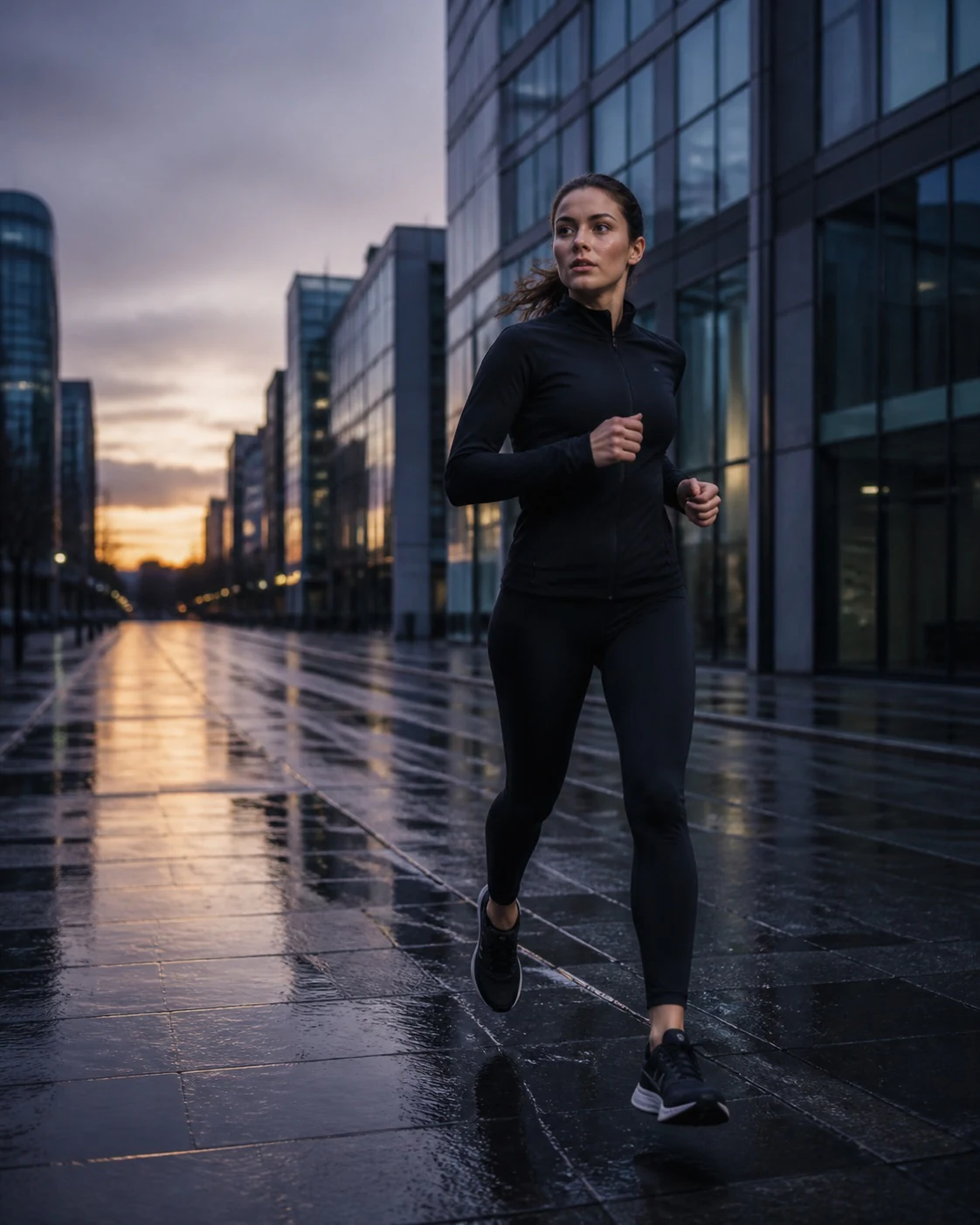Runner moving through a city street at dusk