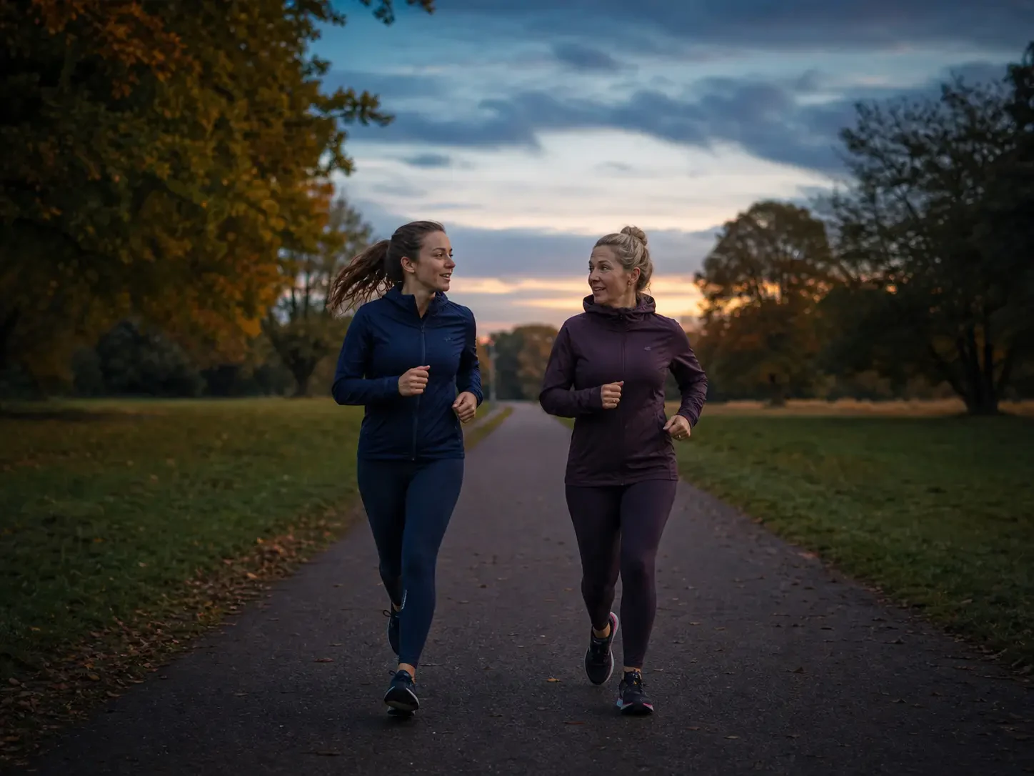 Two runners training together through a park at dusk